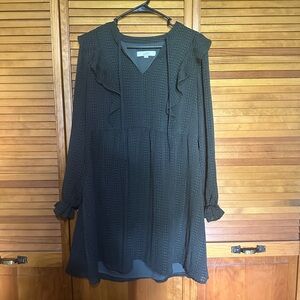 LOFT Black Ruffle V-Neck Textured Long-Sleeve Dress